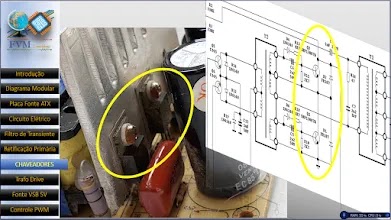 Transistores chaveadores de potência montados em um dissipador de calor dentro de uma fonte de alimentação ATX.