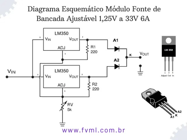 Diagrama Esquemático Módulo Fonte Ajustável 1,25V a 33V, 6A - fvml.com.br