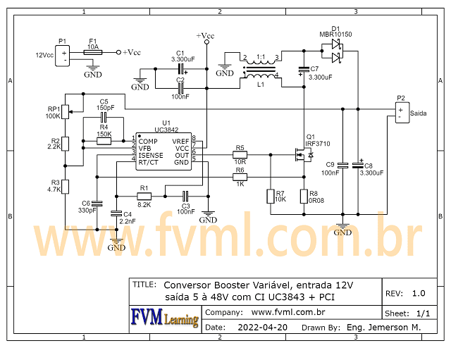 Conversor Booster Variável, entrada 12V saída 5 à 48V com CI UC3843 - fvml