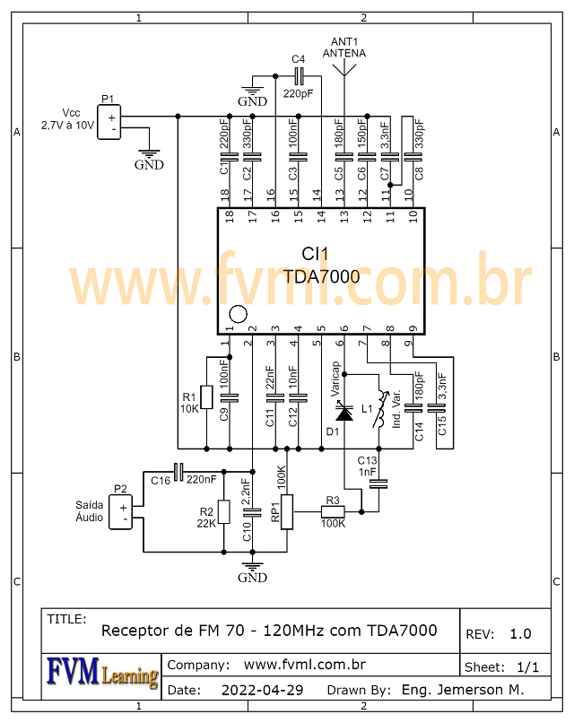Diagrama Esquemático Receptor de FM 70 - 120MHz com TDA7000 - fvml