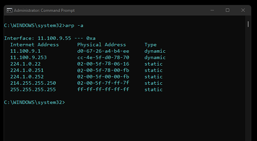 Prompt de Comando: Sintaxe arp -a