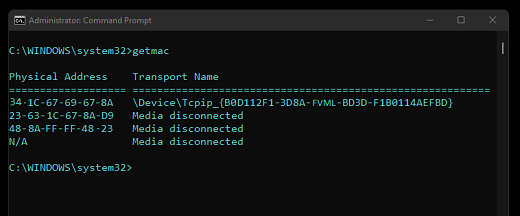 Prompt de Comando: Sintaxe getmac