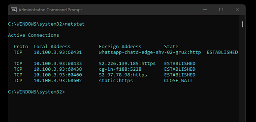 Prompt de Comando: Sintaxe netstat