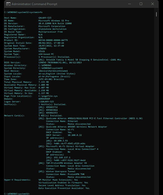 Prompt de Comando: Sintaxe systeminfo