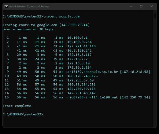 Prompt de Comando: Sintaxe tracert