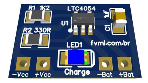 PCI Carregador de Bateria Li-ion Automático com Led Indicador com CI LTC4054 - fvml PCI Carregador de Bateria Li-ion Automático com Led Indicador com CI LTC4054 - fvml