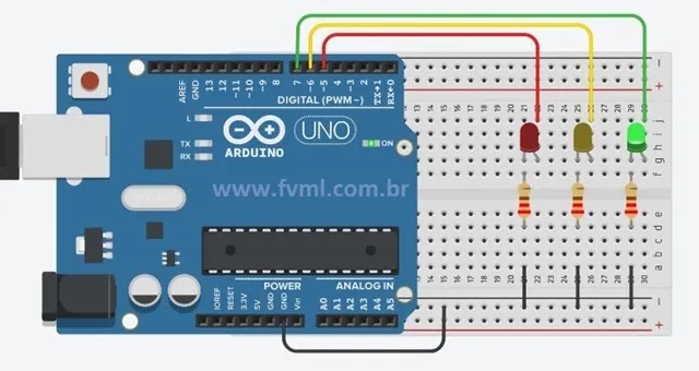 Diagrama protoboard Semáforo Simples com Arduíno e LEDs - fvml
